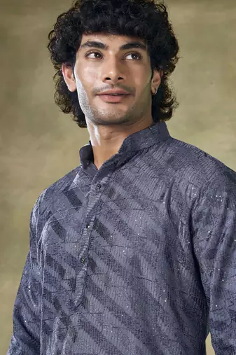 Vardha men's viscose sequence readymade kurta for men - sequins embroidery,  mandarin collar design blue long kurta's
