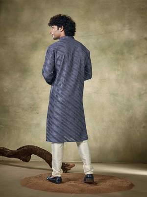 Vardha men's viscose sequence readymade kurta for men - sequins embroidery,  mandarin collar design blue long kurta's 3