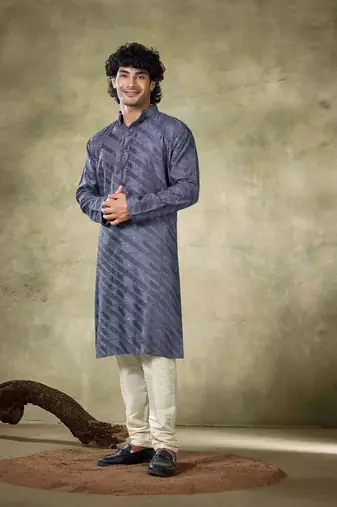 Vardha men's viscose sequence readymade kurta for men - sequins embroidery,  mandarin collar design blue long kurta's