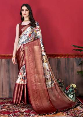 Soft Faux Banarasi Silk Kalamkari Block Print Designe Party Wear Saree 1