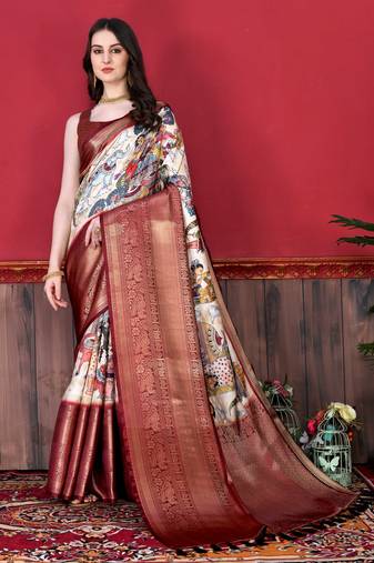 Soft Faux Banarasi Silk Kalamkari Block Print Designe Party Wear Saree