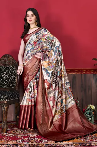 Soft Faux Banarasi Silk Kalamkari Block Print Designe Party Wear Saree