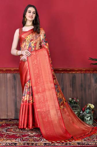 Soft Faux Banarasi Silk Kalamkari Block Print Designe Party Wear Saree