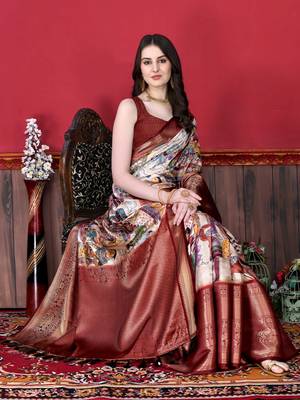 Soft Faux Banarasi Silk Kalamkari Block Print Designe Party Wear Saree 3