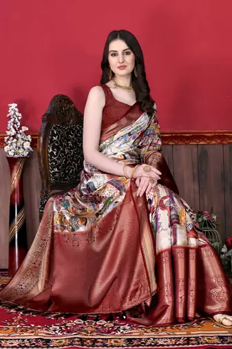 Soft Faux Banarasi Silk Kalamkari Block Print Designe Party Wear Saree