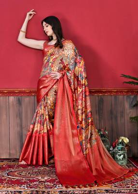 Soft Faux Banarasi Silk Kalamkari Block Print Designe Party Wear Saree 2