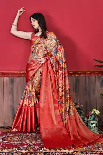 Soft Faux Banarasi Silk Kalamkari Block Print Designe Party Wear Saree