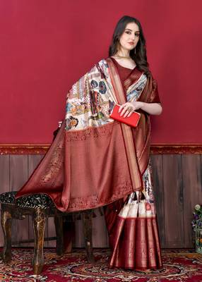 Soft Faux Banarasi Silk Kalamkari Block Print Designe Party Wear Saree 4