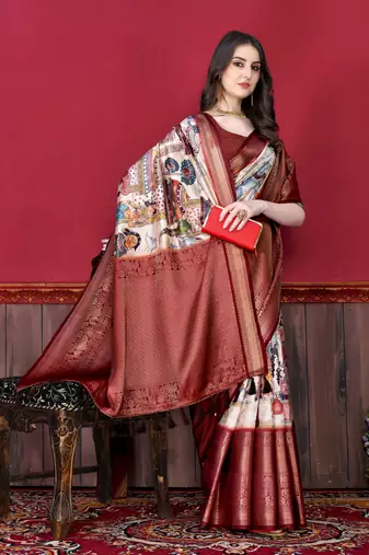Soft Faux Banarasi Silk Kalamkari Block Print Designe Party Wear Saree