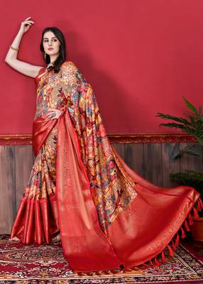 Soft Faux Banarasi Silk Kalamkari Block Print Designe Party Wear Saree 3