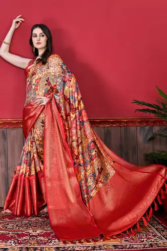 Soft Faux Banarasi Silk Kalamkari Block Print Designe Party Wear Saree