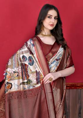 Soft Faux Banarasi Silk Kalamkari Block Print Designe Party Wear Saree 5