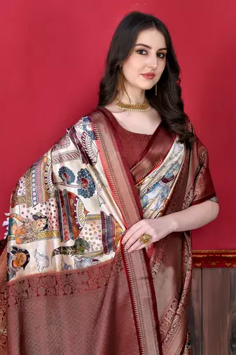 Soft Faux Banarasi Silk Kalamkari Block Print Designe Party Wear Saree