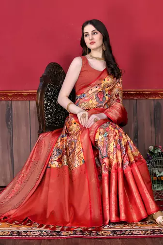 Soft Faux Banarasi Silk Kalamkari Block Print Designe Party Wear Saree