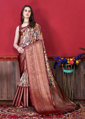 Soft Faux Banarasi Silk Kalamkari Block Print Designe Party Wear Saree. 1