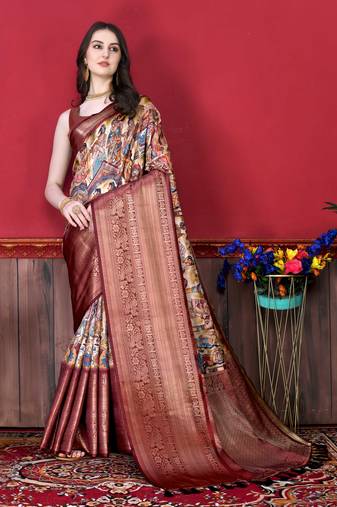 Soft Faux Banarasi Silk Kalamkari Block Print Designe Party Wear Saree.
