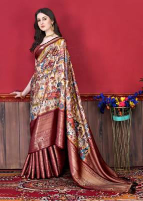 Soft Faux Banarasi Silk Kalamkari Block Print Designe Party Wear Saree. 2