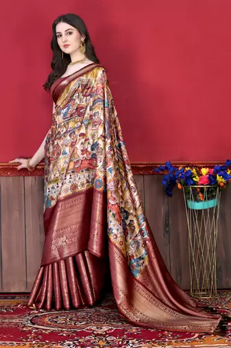 Soft Faux Banarasi Silk Kalamkari Block Print Designe Party Wear Saree.
