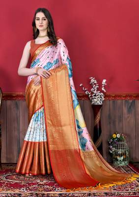 Soft Faux Banarasi Silk Kalamkari Block Print Designe Party Wear Saree. 1