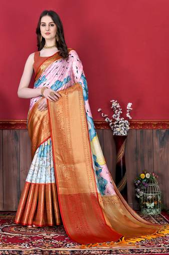 Soft Faux Banarasi Silk Kalamkari Block Print Designe Party Wear Saree.