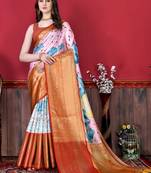 Soft Faux Banarasi Silk Kalamkari Block Print Designe Party Wear Saree.