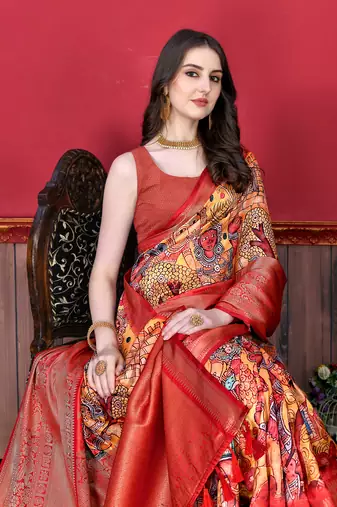 Soft Faux Banarasi Silk Kalamkari Block Print Designe Party Wear Saree