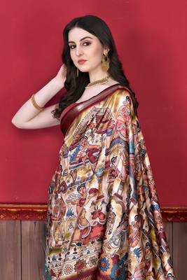 Soft Faux Banarasi Silk Kalamkari Block Print Designe Party Wear Saree. 3