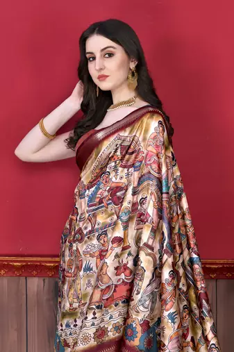 Soft Faux Banarasi Silk Kalamkari Block Print Designe Party Wear Saree.