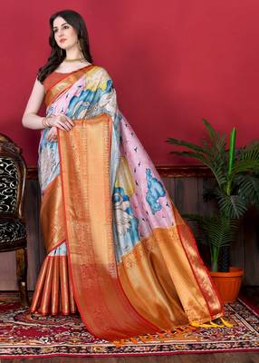 Soft Faux Banarasi Silk Kalamkari Block Print Designe Party Wear Saree. 2