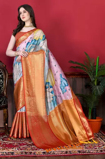 Soft Faux Banarasi Silk Kalamkari Block Print Designe Party Wear Saree.