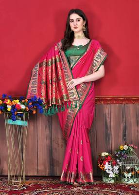Soft Lichi Silk Blend Saree With Beautiful Zari  & Meenakari Weaving Pallu With Zari Weawing Border 1