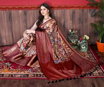 Soft Faux Banarasi Silk Kalamkari Block Print Designe Party Wear Saree. 4