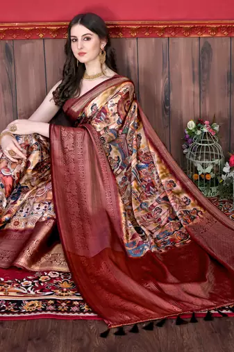 Soft Faux Banarasi Silk Kalamkari Block Print Designe Party Wear Saree.