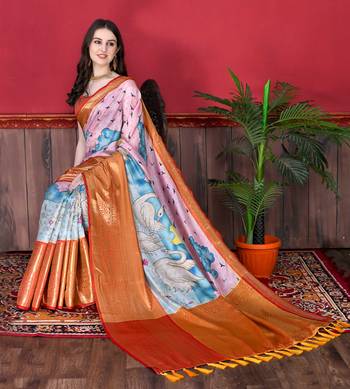 Soft Faux Banarasi Silk Kalamkari Block Print Designe Party Wear Saree. 3