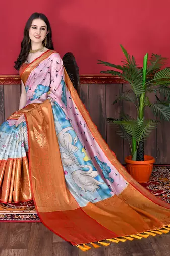 Soft Faux Banarasi Silk Kalamkari Block Print Designe Party Wear Saree.