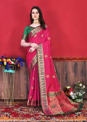 Soft Lichi Silk Blend Saree With Beautiful Zari  & Meenakari Weaving Pallu With Zari Weawing Border 2
