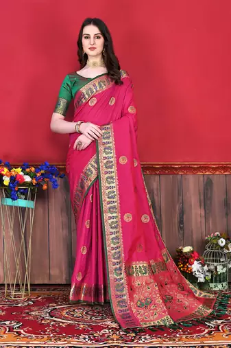 Soft Lichi Silk Blend Saree With Beautiful Zari  & Meenakari Weaving Pallu With Zari Weawing Border