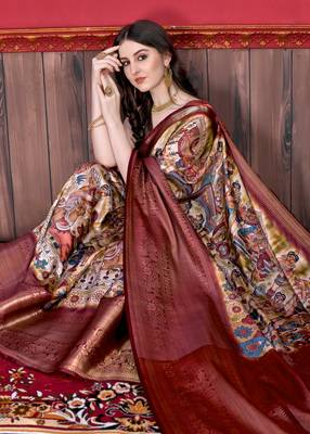 Soft Faux Banarasi Silk Kalamkari Block Print Designe Party Wear Saree. 5