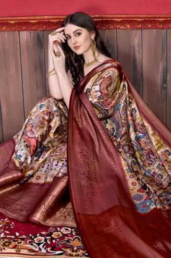 Soft Faux Banarasi Silk Kalamkari Block Print Designe Party Wear Saree.