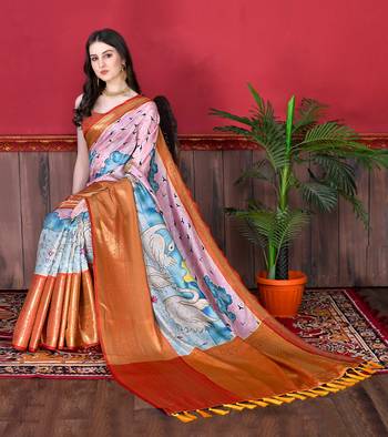 Soft Faux Banarasi Silk Kalamkari Block Print Designe Party Wear Saree. 4