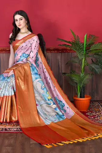 Soft Faux Banarasi Silk Kalamkari Block Print Designe Party Wear Saree.