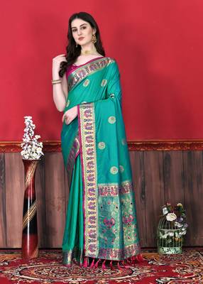 Soft Lichi Silk Blend Saree With Beautiful Zari  & Meenakari Weaving Pallu With Zari Weawing Border 1