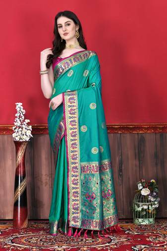 Soft Lichi Silk Blend Saree With Beautiful Zari  & Meenakari Weaving Pallu With Zari Weawing Border