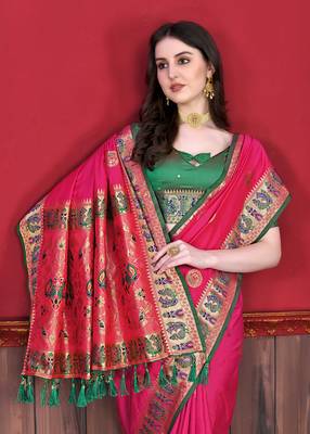 Soft Lichi Silk Blend Saree With Beautiful Zari  & Meenakari Weaving Pallu With Zari Weawing Border 3