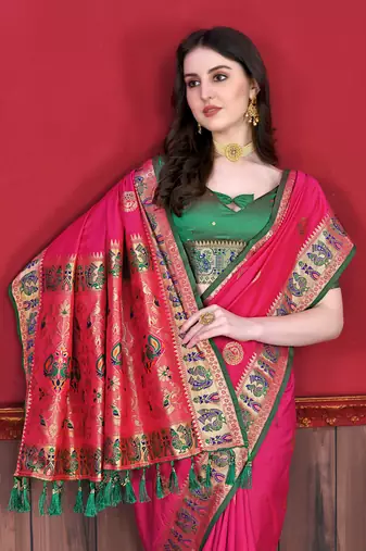 Soft Lichi Silk Blend Saree With Beautiful Zari  & Meenakari Weaving Pallu With Zari Weawing Border