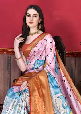 Soft Faux Banarasi Silk Kalamkari Block Print Designe Party Wear Saree. 5