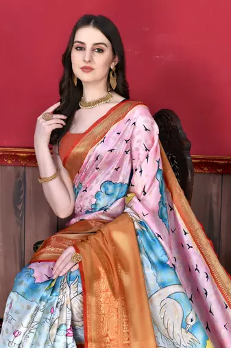 Soft Faux Banarasi Silk Kalamkari Block Print Designe Party Wear Saree.