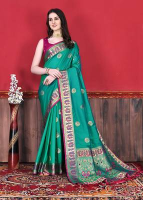 Soft Lichi Silk Blend Saree With Beautiful Zari  & Meenakari Weaving Pallu With Zari Weawing Border 2