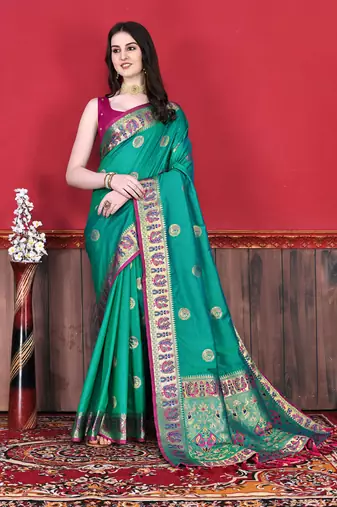 Soft Lichi Silk Blend Saree With Beautiful Zari  & Meenakari Weaving Pallu With Zari Weawing Border