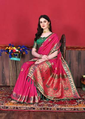 Soft Lichi Silk Blend Saree With Beautiful Zari  & Meenakari Weaving Pallu With Zari Weawing Border 4
